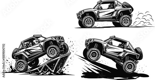 Set of off road buggy vehicles performing jumps and stunts in black