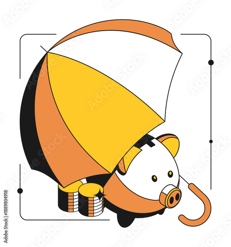 Isometric piggy bank with money protected from the financial crisis under an umbrella. Contrast design with thin outline 3D vector isolated on white background