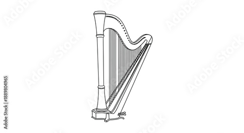 A detailed line drawing depicts a classic harp showcasing its elegant curves and intricate string arrangement presented on a white background