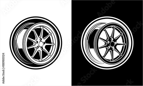 Automotive wheel rim vector illustration in black and white.