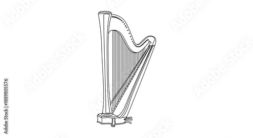 A detailed black and white line drawing showcases a classic harp emphasizing its elegant curves and stringed structure