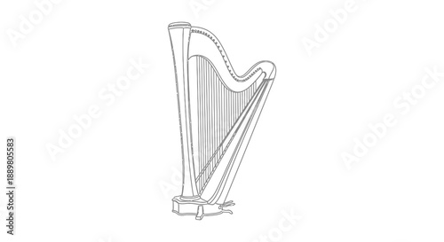 A detailed monochrome illustration showcases a classic harp emphasizing its graceful curves and delicate string structure elegantly presented