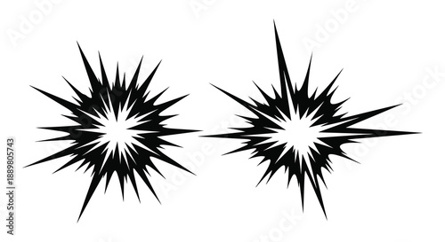 Two abstract black starburst shapes are depicted against a white background showcasing sharp jagged edges and dynamic visual energy