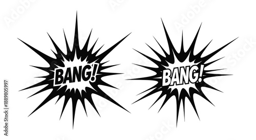 Two comic book style explosion bursts with the word bang inside depicted in black and white high quality