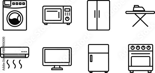 Home appliance washing machine microwave fridge tv iron stove vector set