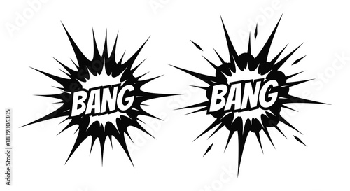 Two comic book style explosion bursts with the word bang depicted in bold lettering creating dynamic visual impact
