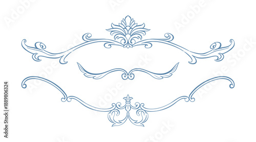 Vintage Baroque border set. Baroque border Victorian hand drawn frame, ornate with classic acanthus leaves and rustic florals. Whimsical decorative elements for wedding invitation, card, certificate, 