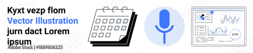 Productivity, technology, business planning, digital communication, data analysis, remote work. A calendar, microphone icon and analytics dashboard. Productivity and technology concept