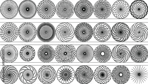 Circular geometric patterns collection, abstract spirograph shapes, mathematical curve designs, radial symmetry art, decorative vector elements