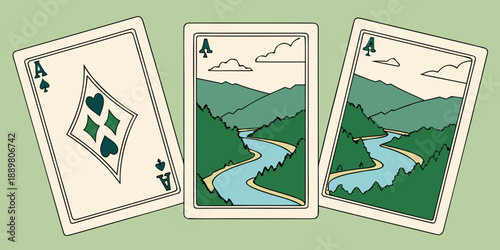 Ace Card Trio with Scenic River & Diamond Motif – Stylized Playing Cards Featuring Canoe, Valley & Green Landscape, USA, US, United States
