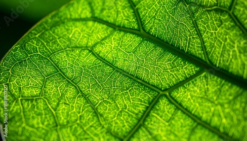 Extreme macro photograph of a single vibrant green translucent leaf, intricate vein structure highlighted by sunlight, botanical anatomy and photosynthesis concept, natural texture with glowing backli