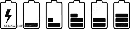 Battery level icons set with charging bolt and power status symbols