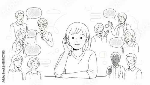 Woman listening intently to surrounding people communicating ideas.