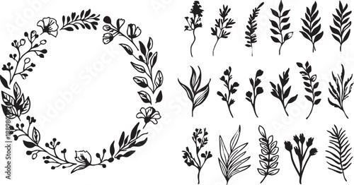 Floral vector pack: hand drawn leaves, wreath, and botanical elements for design eps silhouette
