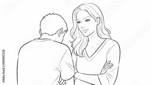 Woman looking at man with confident expression.