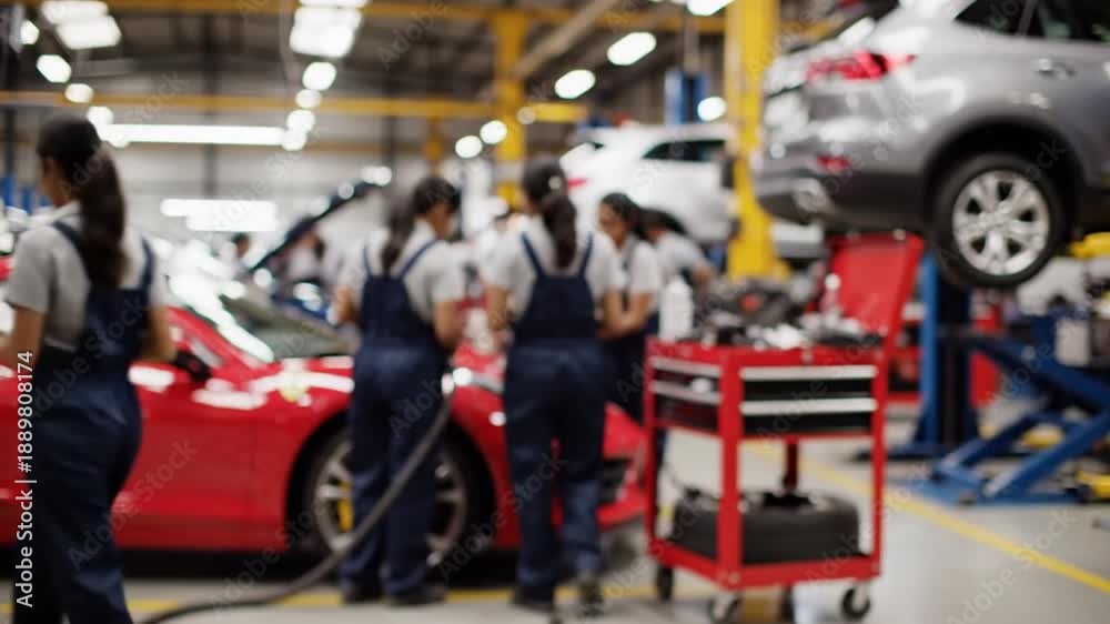 custom made wallpaper toronto digitalAutomotive technicians working together on red sports car in a busy garage environment from a side viewpoint