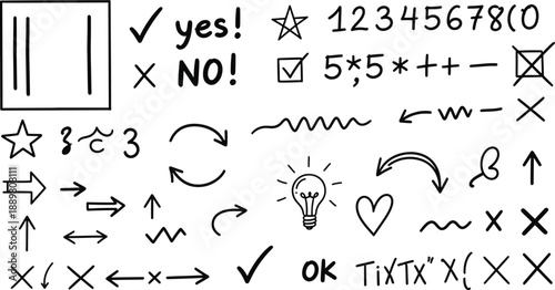 Hand drawn doodle symbols arrows checkmarks light bulb and heart