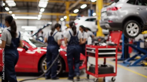 Wallpaper Mural Automotive technicians working together on red sports car in a busy garage environment from a side viewpoint Torontodigital.ca
