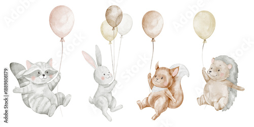 Wallpaper Mural Watercolor illustration of raccoon, rabbit, squirrel and hedgehog holding balloons. Cute nursery clipart with flying Animals for baby shower invitations, birthday greeting cards and posters. Torontodigital.ca