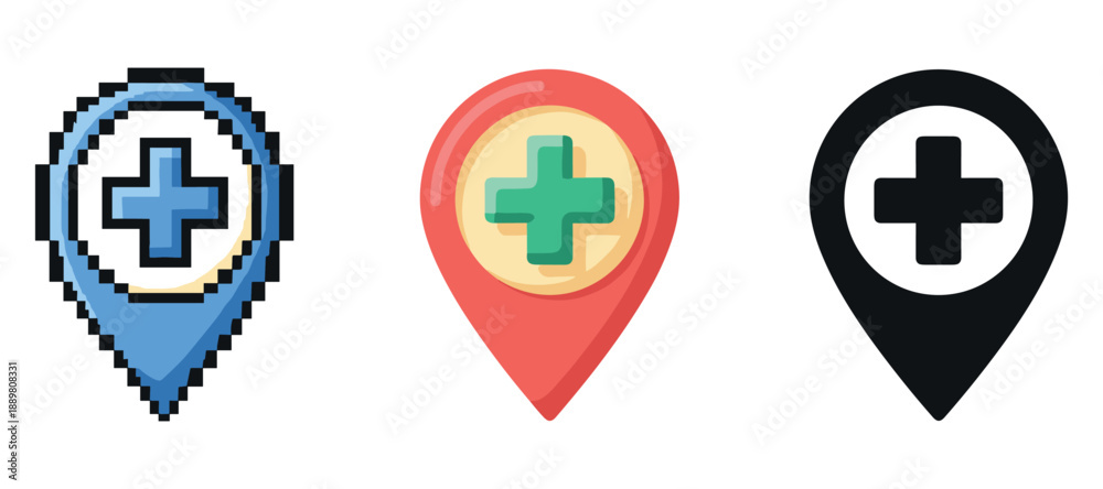 Obraz premium Medical location pins: pixelated, gradient, and solid icons with cross symbol