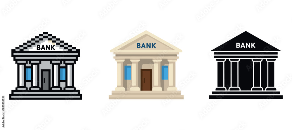 Naklejka premium Three distinct bank building icons with classical architecture styles