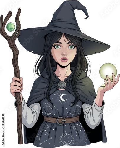 Witch holding crystal ball and staff with green gem.