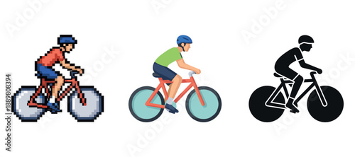 Bicycle illustrations: pixel art, flat design, silhouette of male cyclists