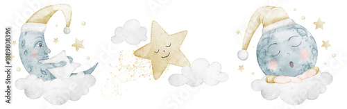 Wallpaper Mural Night watercolor illustration set with Moon, Crescent, Clouds and stars for baby shower invitations, nursery bedtime posters and soft celestial designs in pastel colors. Sky elements for greetings. Torontodigital.ca