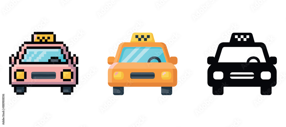 Fototapeta premium Pixel art taxi icons: colorful and monochrome design set in pixelated style