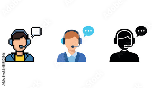 Diverse customer support avatars: pixel, flat, silhouette designs with headsets and speech bubbles