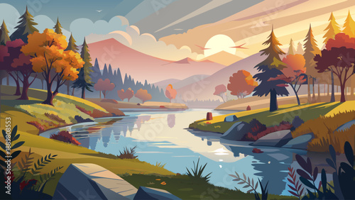  Very beautiful morning view of the Váh River near Žilina, Slovakia, with misty water, autumn colors, and a calm natural atmosphere at sunrise.