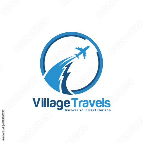 Modern travel agency logo with airplane and curved path in blue circle emblem design for tourism and flight branding

