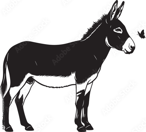 Black and white silhouette of a standing donkey looking at a small butterfly isolated on white background for farm animals and nature concepts.