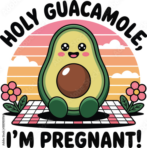 Cute cartoon avocado with flowers and checkered ground