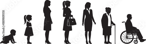 Black Silhouette Collection Featuring Human Life Cycle Stages From Infancy to Senior Age Plus Mother Father and Child Bonding Moments and Diverse Profile Avatar Head Shots