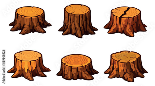 Cartoon style tree stumps set featuring various wood textures and cracks for nature and game design