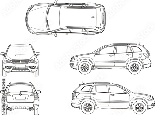 Modern crossover suv car blueprint with various perspective drawing