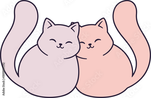 Two adorable cartoon cats snuggling closely in a sweet, heartwarming embrace