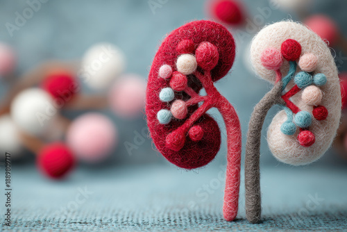 An image of human kidneys in the form of a soft toy on a blurred background