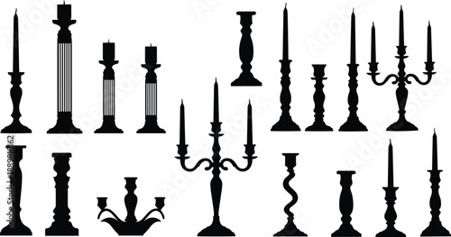 Vintage candle holder and candelabra silhouette icon set featuring classic decorative designs isolated on white background for elegant vector illustration