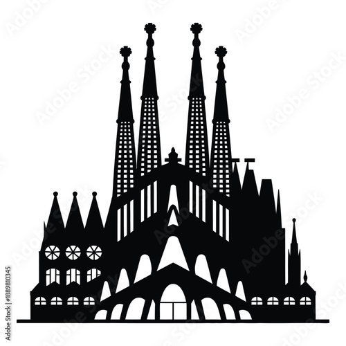 Sagrada familia cathedral silhouette vector showcasing ornate facade with towering spires capturing iconic barcelona landmark in vector design format