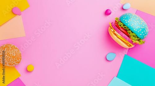 Vibrant Pop Art Burger with Striking Blue Bun, Pink Patty, and Yellow Cheese, Artfully Arranged on Modern Pink Background with Colorful Geometric Shapes, Creating Surreal and Playful Food Art Composit