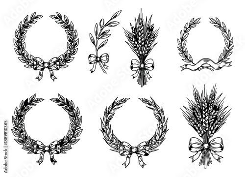 Vintage line art wreath and bundle set featuring olive branches, wheat sheaves, and decorative ribbons for awards and emblems