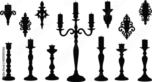 Vintage candle holder and candelabra silhouette set with ornate wall sconces isolated on white background for classic decor vector illustration