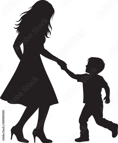 Black silhouette of a young mother in a dress holding hands with her small son walking together isolated on white background for family concepts.