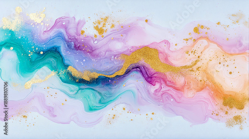 Luxurious abstract fluid art banner featuring waves of vibrant pastel alcohol ink blending turquoise, magenta, and lavender colors, highlighted by glittering gold dust on light blue background.