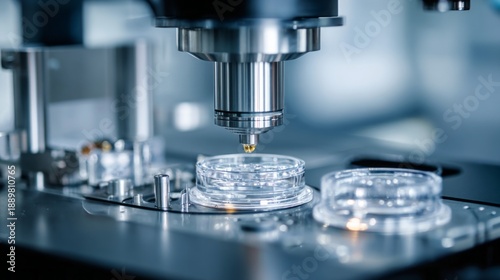 Wallpaper Mural Microscope Objective Dispensing Droplet into Petri Dish for Laboratory Research. AI generative Torontodigital.ca