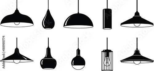 Modern pendant lamp silhouette collection featuring decorative hanging ceiling lights isolated on white background for interior decor, lighting, minimalist vector illustration