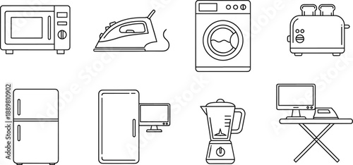 Household appliances line art icon set for domestic equipment list