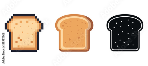 Pixelated, flat, and silhouette bread icon set on white background